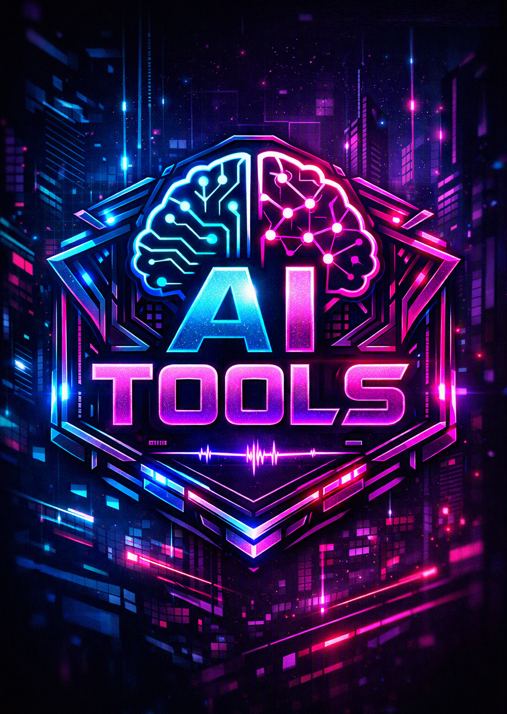 Artificial Intelligence Tools neon emblem featuring a digital brain and circuit pathways